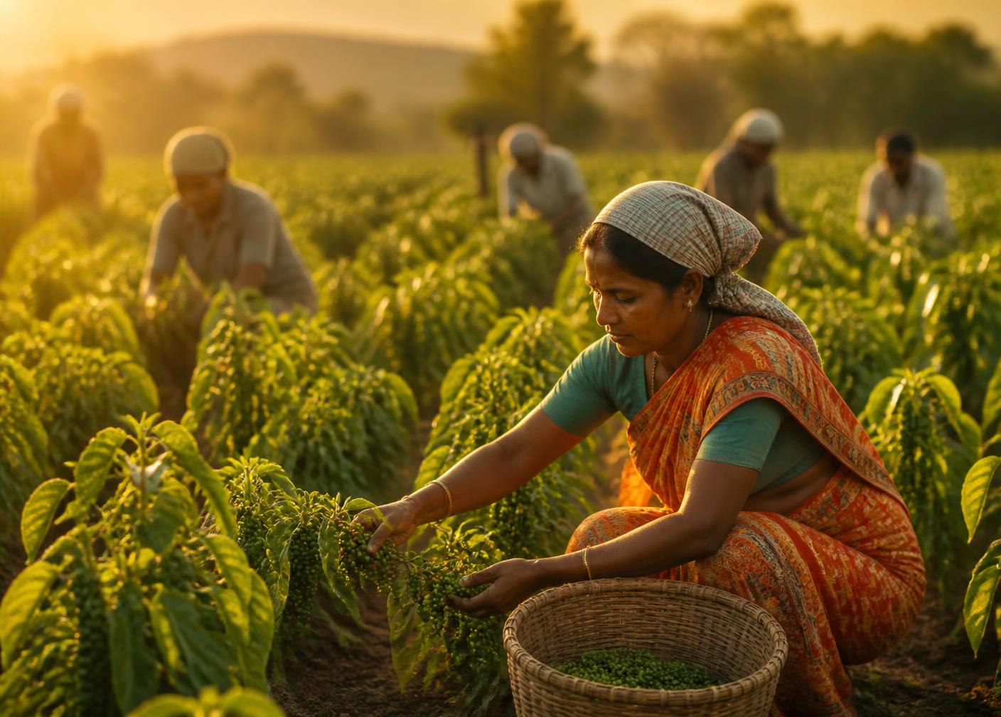 Farmers harvesting spice crops at golden hour in India