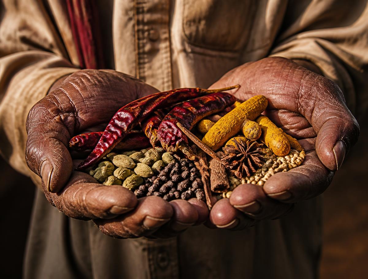 Farmer's hands holding whole raw Indian spices