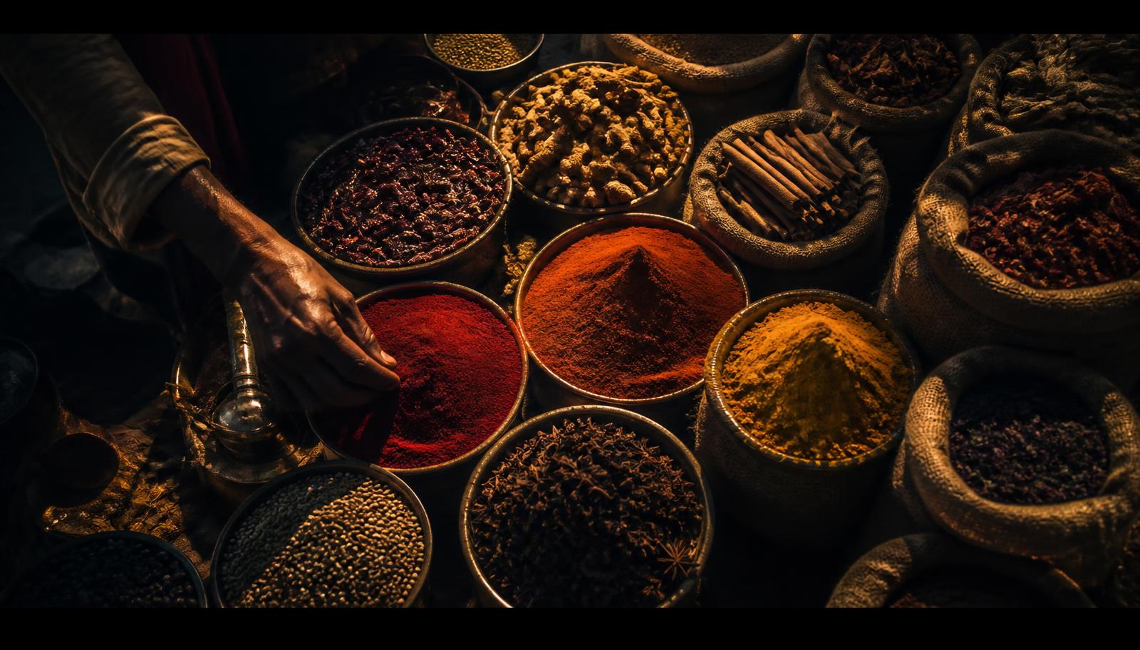 Bowls of freshly ground Indian spices in a dark market setting